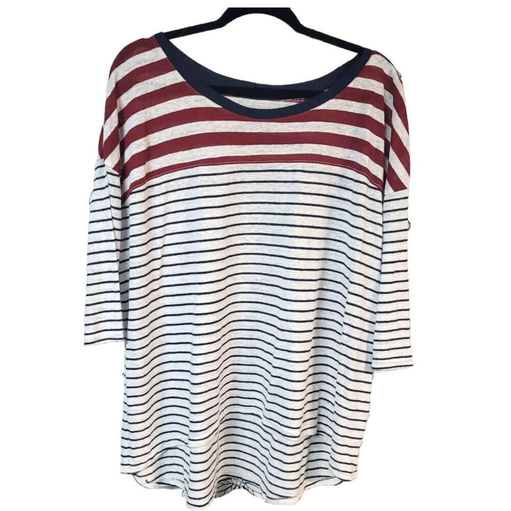 Lane Bryant linen striped blend knit top red cream 14/16 light weight plus size